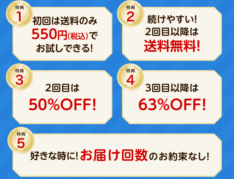 特典1:初回は送料のみ550円（税込）でお試しできる！特典2:続けやすい！2回目以降は送料無料！特典3:2回目は50%OFF　特典4:3回目以降は63%OFF! 特典5:好きな時に！お届け回数のお約束なし！