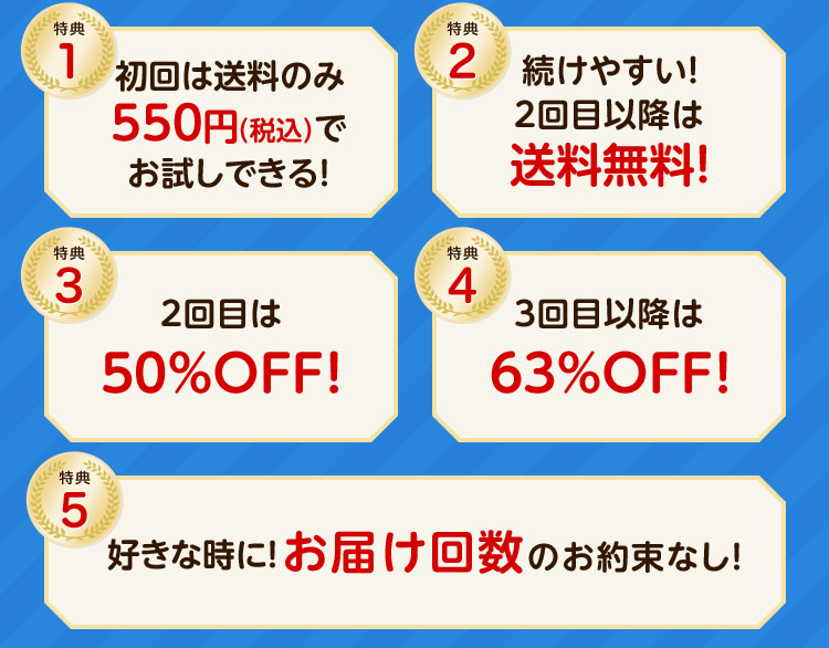 特典1:初回は送料のみ550円（税込）でお試しできる！特典2:続けやすい！2回目以降は送料無料！特典3:2回目は50%OFF　特典4:3回目以降は63%OFF! 特典5:好きな時に！お届け回数のお約束なし！