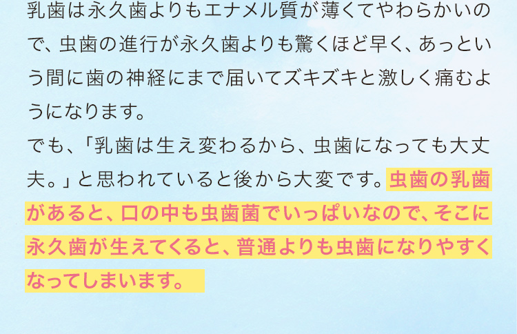 乳歯は永久歯よりもエナメル質が薄くてやわらかいので、虫歯の進行が永久歯よりも驚くほど早く、あっという間に歯の神経にまで届いてズキズキと激しく痛むようになります。でも、「乳歯は生え変わるから、虫歯になっても大丈夫。」と思われていると後から大変です。虫歯の乳歯があると、口の中も虫歯菌でいっぱいなので、そこに永久歯が生えてくると、普通よりも虫歯になりやすくなってしまいます。